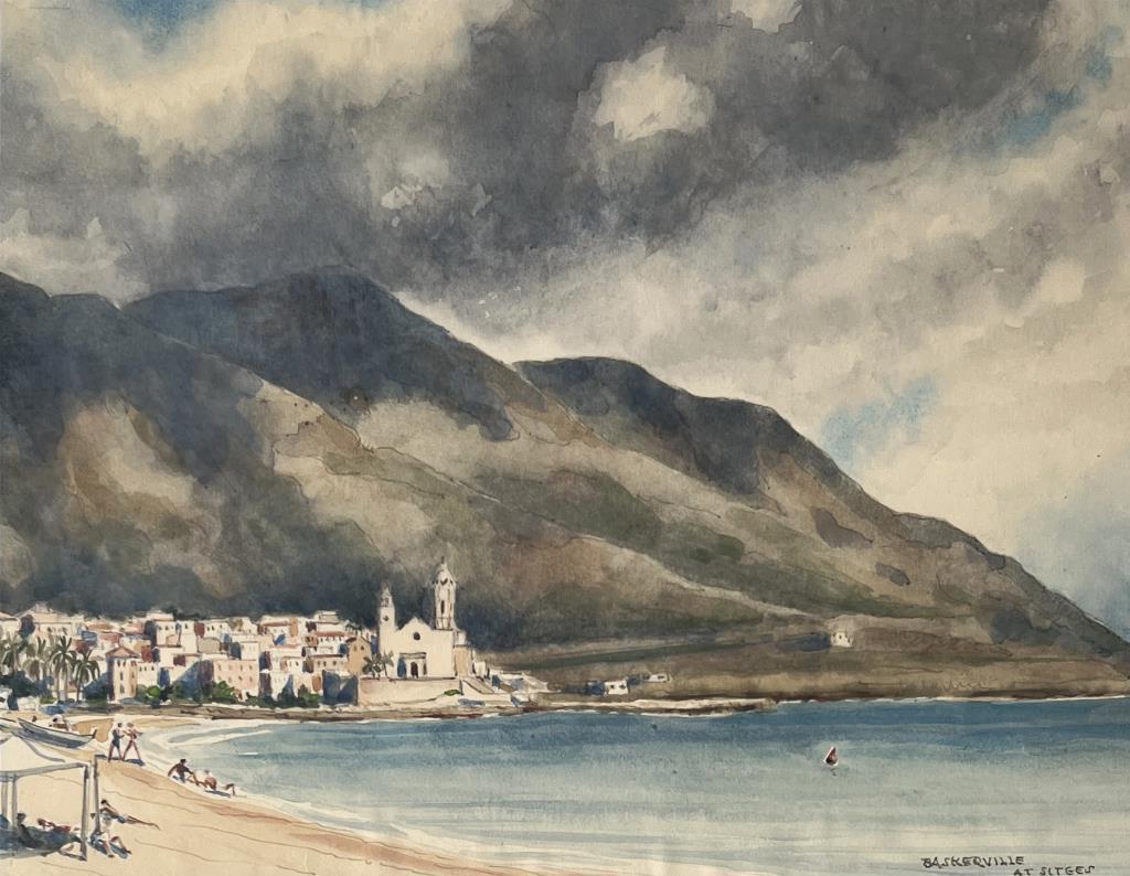 Baskerville, W/C Sitges Shore Scene: Charles Baskerville Jr. (Am. 1896-1994). Watercolor, pen and ink with traces of graphite on paper. Signed lower right and inscribed "At Sitges". Frame size: 15 3/4" high, 19 1/2" wide. Not examined ou