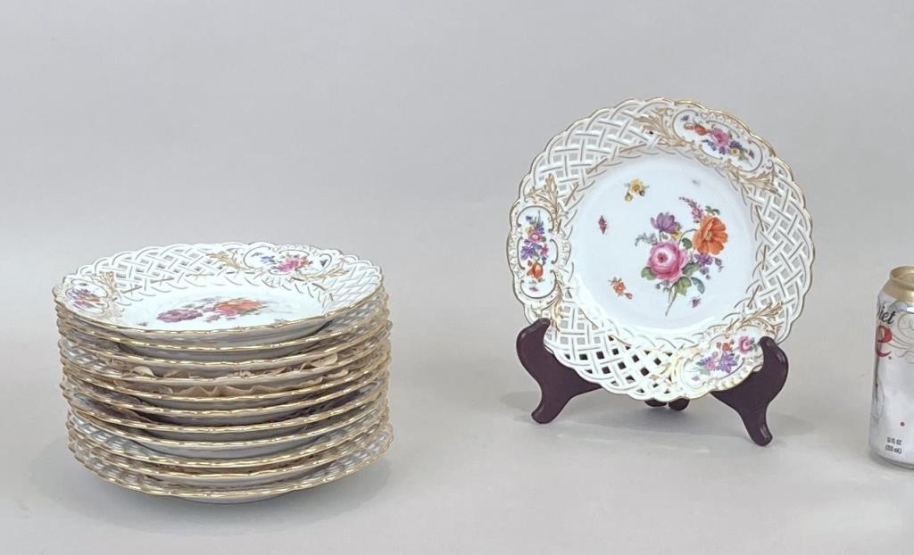 Set Twelve Meissen Reticulated Gilt/Floral Plates (1 of 6)