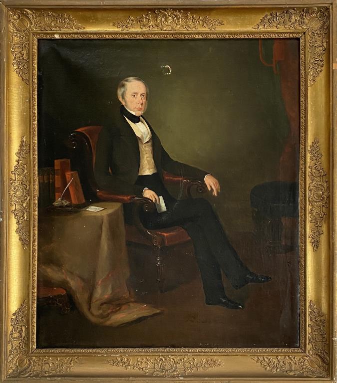 American School, Portrait of Seated Gentleman: frame size: 31 7/8" high, 28" wide. Hole, paint losses, frame wear.