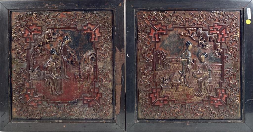 Pair Early Chinese Carved/Polychrome Wood Panels (1 of 10)
