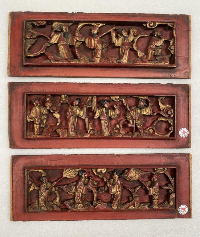 Set Three Chinese Figural Carved Wood Panels (1 of 4)