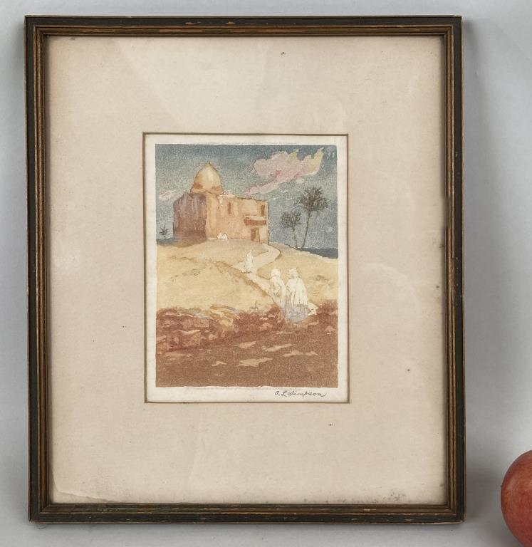 Simpson, Aquatint "Maribout At Oumache": Annie L. Simpson (Br. 1894â€“1913) original aquatint, limited edition, label verso "Maribout At Oumache, Near Biskra, Original Aquatint, Limited Edition". Frame size: 14 1/2" high, 12 1/2" wide;