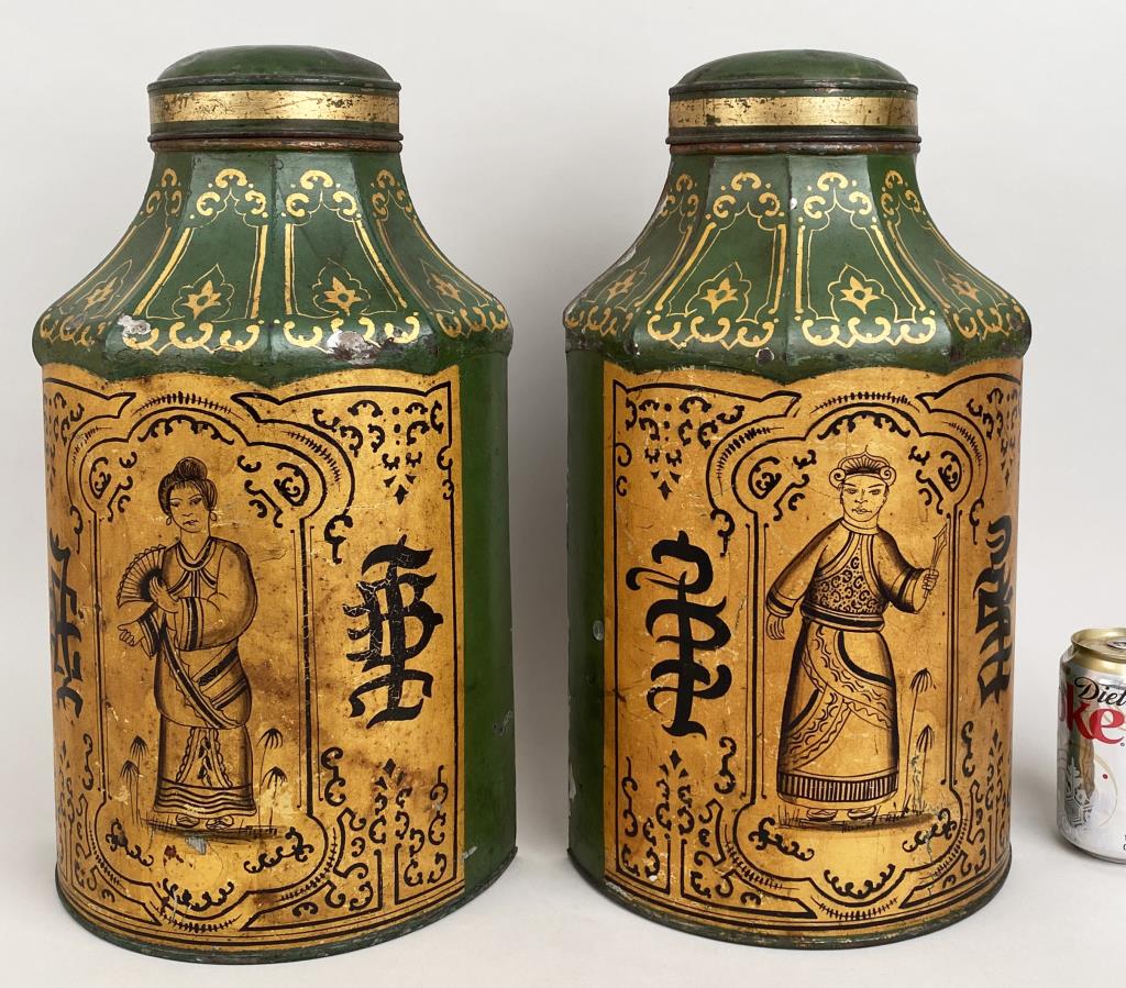 Pair Asian Painted & Gilded Tole Half-Cannisters (1 of 6)