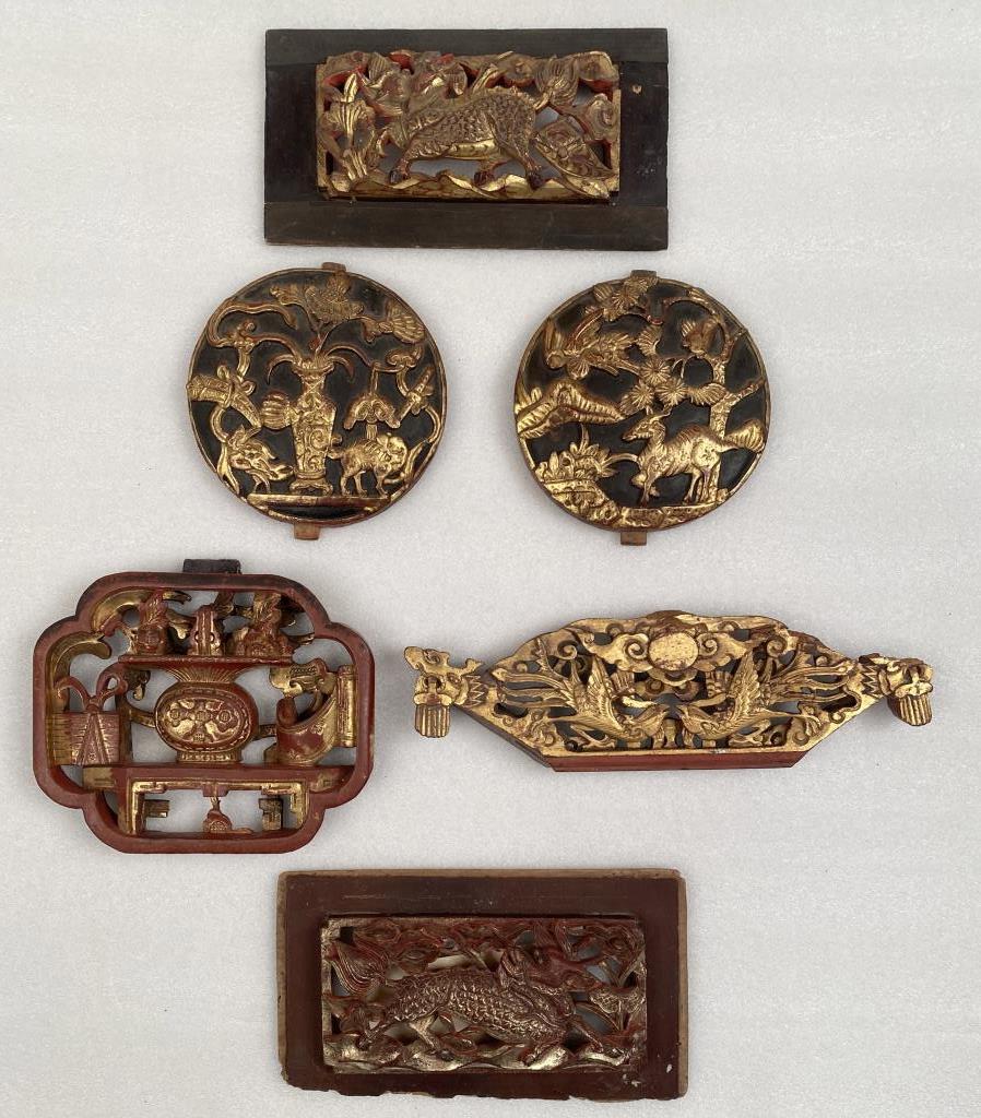 Six Chinese Carved Wood Panels, Various Themes (1 of 4)