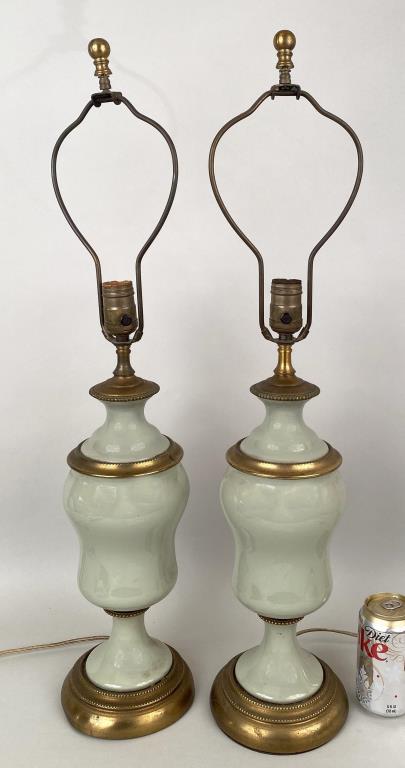 Pair Pale Celadon Porcelain & Gilt Table Lamps: 29" high, porcelain 18" high, 6" diameter. Denting to metal, bends to bases, soiling.