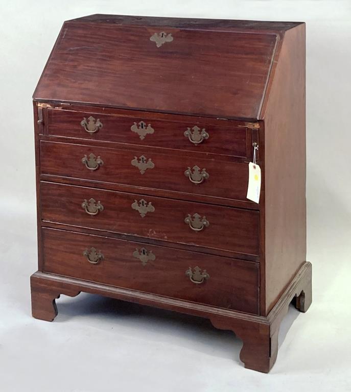 George III Mahogany Slant Front Desk: with nicely outfitted interior. 42" high, 36" wide case, 20 3/4" deep. Estate as found condition with splits, repairs, stains, small losses. Please see images.