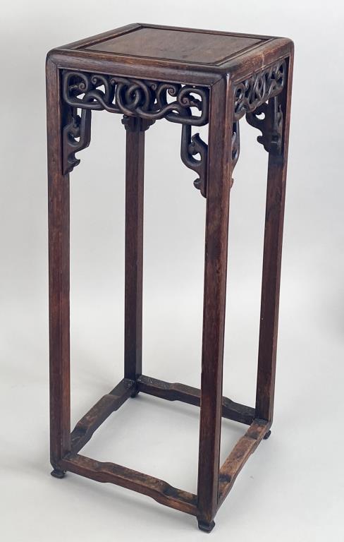 Chinese Carved Teakwood Stand, Carved Brackets: 28 1/5" high, 11 1/2" wide, 11 1/2" deep. Finish and use wear