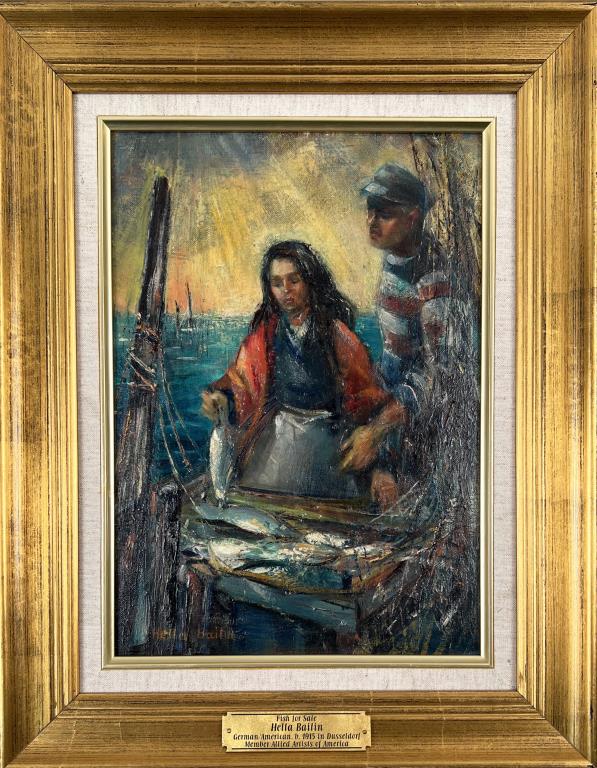 Bailin, O/C "Fish For Sale": Hella Bailin (Ger./Am. 1915-2006). Signed lower left. Frame size: 19 1/4" high, 15 1/4" wide.