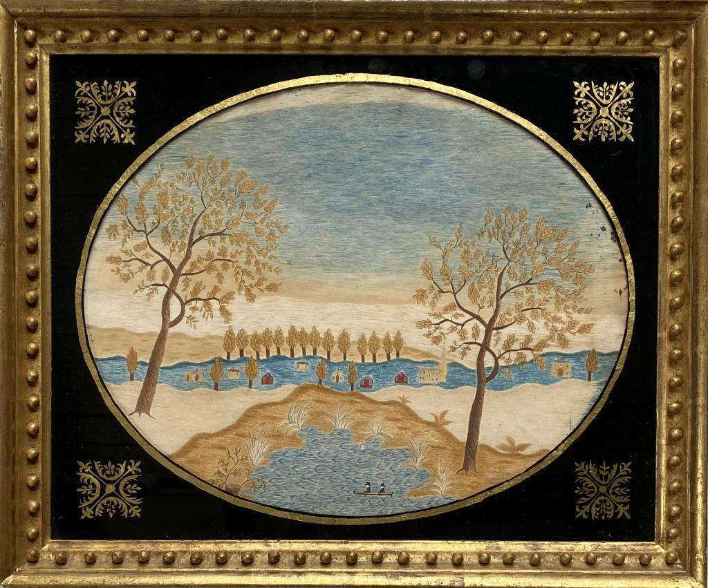 American School Folk Art Oval W/C Landscape (1 of 5)