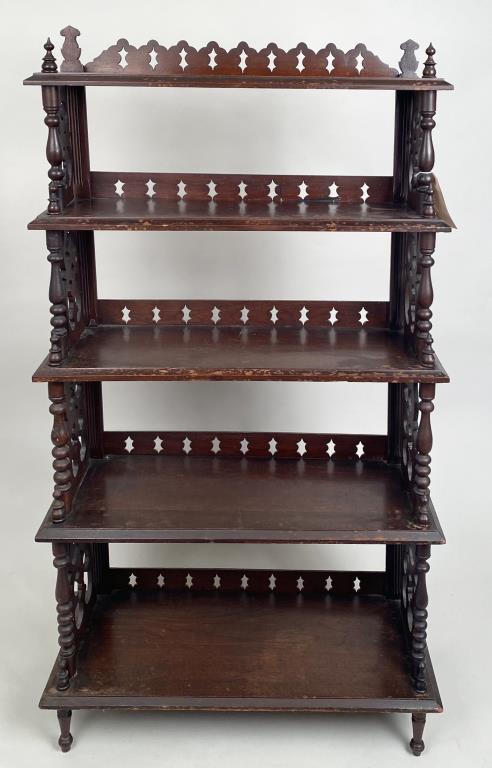Victorian Pierce Carved Mahogany Whatnot: 53 3/4" high, 30" wide, 12 1/2" deep. Finish losses and wear.