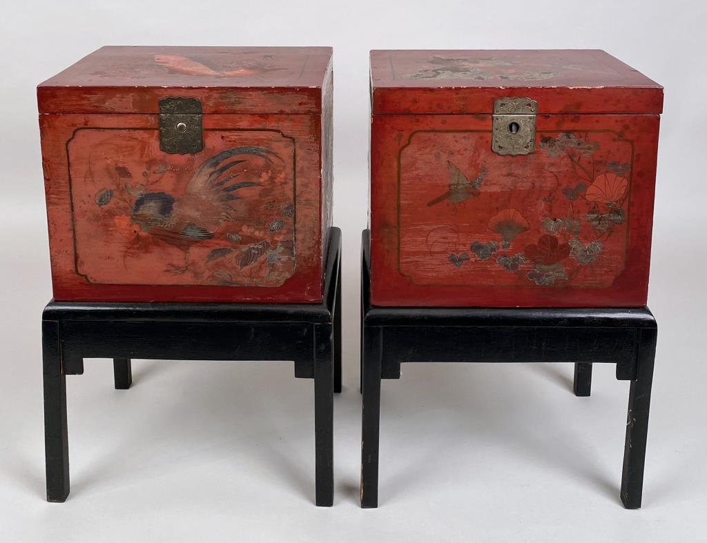 Pair Chinese Red Lacquer Storage Boxes/Stands (1 of 9)