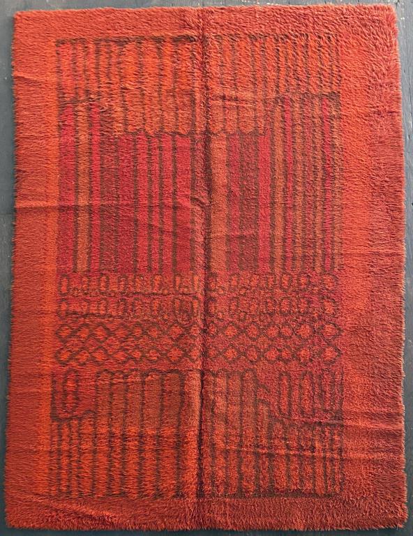 MCM Danish Shag Rug: attributed to Ege Rya. 9' 11" long, 6' 5" wide. Soiling, center fold, matting. *color of rug is closer to a brick red color with orange hues. All rugs sold as is.