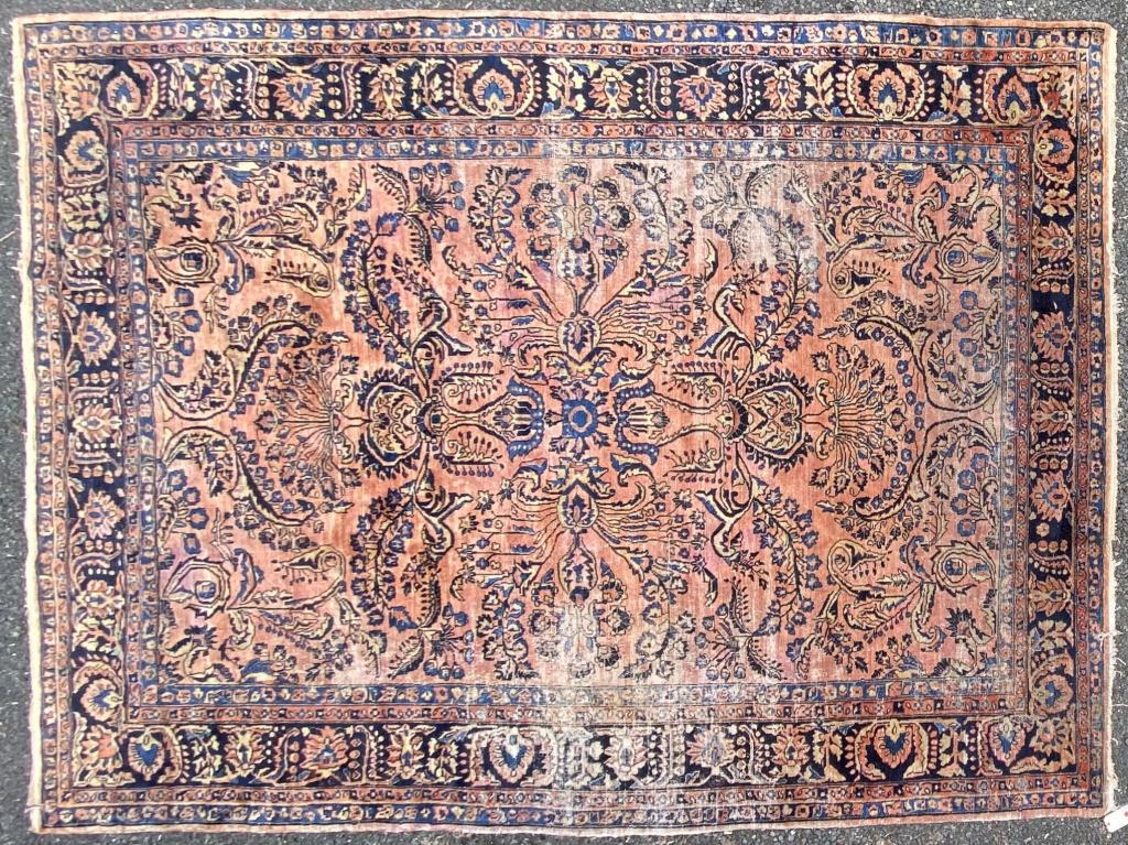 Persian Room Size Rug: 13" long, 9' 10" wide. Overall wear, areas of substantial wear, edge and fringe losses, water damage in some areas, fading. All rugs sold as is.