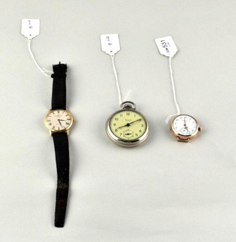 Two Gold Watches, One Cartier, and a Pocket Watch: Two gold watches and a pocket watch, one Cartier 25 jewel watch with 18k gold case and leather strap, and one J.E. Caldwell & Co watch with gold-filled Star Watch Company case, together with a Westclo