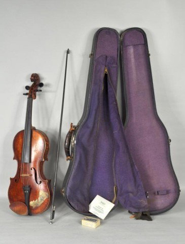 Markneukirchen Violin, Arno Erwin Hendel, C.1920: Markneukirchen Violin, c. 1920-30, by Arno Erwin Hendel, labeled inside "ARNO HENDEL, MARKNEUKIRCHEN, MADE IN GERMANY, COPY OF ANTONIUS STRADIUARUIUS", length of one-piece narrow curl back 14 3/16", w
