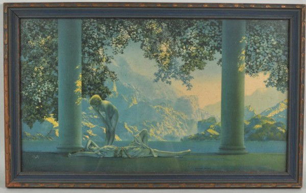 Maxfield Parrish Print "Daybreak": Maxfield Parrish (Am. 1870-1966) framed print under glass "Daybreak," a famous Parrish scene, depicting two Grecian figures in a portico with a mountainous backdrop. 12" high, 19 3/4" wide. Not remove