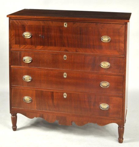 Sheraton Drop Panel Mahogany Chest of Drawers: Sheraton drop panel mahogany chest of drawers with deep top drawer, probably Portsmouth, circa 1820. 42 3/4" high, 43 1/2" wide, 19 1/4" deep.