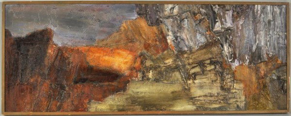 Jane Frank (Am. 1918-1986) "Rockscape II" 1961: Jane Frank (Am. 1918 - 1986) Rockscape II 1961 oil and spackle on canvas, signed lower left corner "Jane Frank". 19" high, 50 1/4" wide. Exhibited in Jane Frank's solo exhibition at the Corcoran Galle