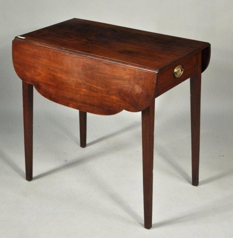 Federal Mahogany Pembroke Table: Federal mahogany pembroke table with shaped drop leaves and one working drawer, probably New York, 19th century. 28 1/2" high, leaves up: 36 3/4" wide; leaves down: 19 1/2" wide, 31 3/4" deep.