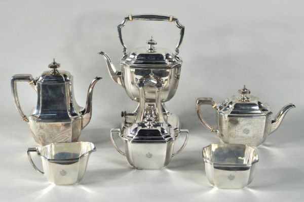 Tiffany Six Piece Sterling Silver Tea Service: Tiffany & Company six piece sterling silver tea service in the Hampton pattern #18389. Set includes kettle with heating stand 12" high, coffee pot 8 1/2" high, teapot 5 1/2" high, covered sugar 4 3/4"