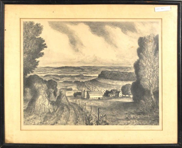 John Steuart Curry Litho "Valley of the Wisconsin": John Steuart Curry lithograph "Valley of the Wisconsin" depicting a farm scene, signed lower right. 16 3/4" high, 20 3/4" wide; sight size: 11 1/2" high, 15 1/4" wide.