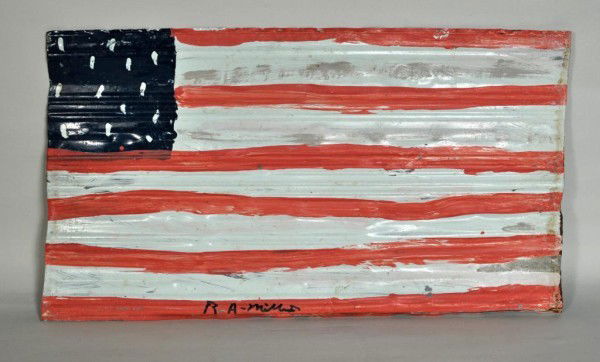 R.A. Miller (1912-2006) Folk Art Metal Flag: R.A. Miller (American, 1912-2006) folk art painted US flag, enamel on tin, signed in lower left. 13" high, 24" wide