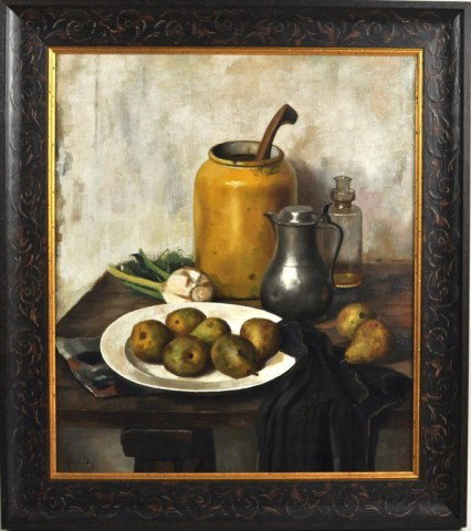 Henk Bos (Dutch, 1901-1979) Still Life of Pears: Henk Bos (Dutch, 1901-1979) framed oil on canvas still life painting of pears on a table setting. 38 1/4" high, 34 1/4" wide