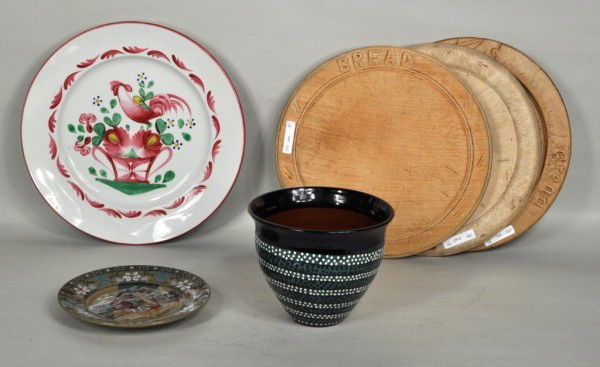 Decorative Group - Pottery, Breadboards: Decorative group of pottery and breadboards consisting of Buffalo Pottery "Dr. Syntax" plate, a Luneville rooster decorated charger, a bowl signed "West" and three round, wooden breadboards. Largest: