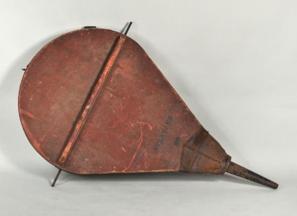 Folk Art Red Painted Large Blacksmith Bellows: Vintage folk art red painted large blacksmith bellows, with original iron mounts, marked "Standard - 26". 70 1/2" long, 45" deep, 9" thick.
