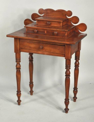 Folk Art Country Sheraton Side Table: Fanciful period American Sheraton country maple and pine side table with scrolled backsplash. 19th century. 36 1/2" high, 26 1/4" wide, 15" deep