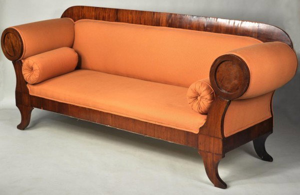 Continental Biedermeier Walnut Neoclassical Sofa: Biedermeier walnut veneer neoclassical sofa, with scrolled arms and legs, Continental 19th century. 39 1/2" high, 91" wide, 28" deep.
