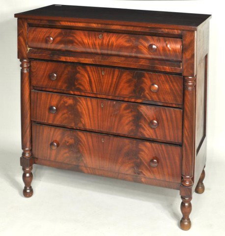 Country Sheraton Flame Grained Mahogany Chest: American country Sheraton flame mahogany veneered chest, 19th century. 44" high, 42" wide, 21 1/2" deep