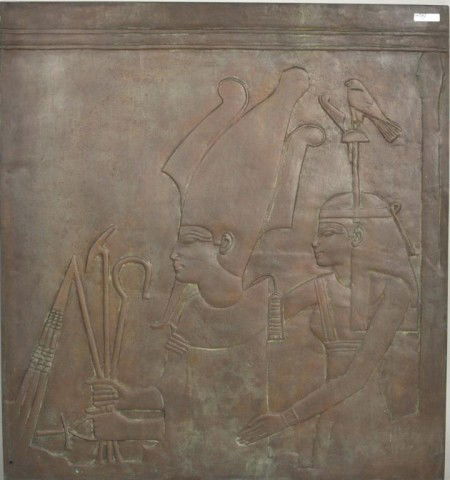 Patinated Copper Cast Relief Panel, Egyptian Scene: Unique cast patinated copper panel with Egyptian scene in relief, marked verso "Sculptura Inc - 1960", and bearing an indecipherable mark on the front upper right corner. 32 3/4" high, 30 1/2" wide.