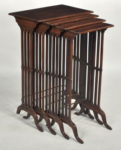 Set of Four Inlaid Mahogany Nesting Tables: Set of four inlaid mahogany Georgian style rectangular nesting tables with pierced supports and cabriole form base. Largest: 28" high, 18 1/4" wide, 12" deep; smallest: 27" high, 12" wide, 9 1/2" deep