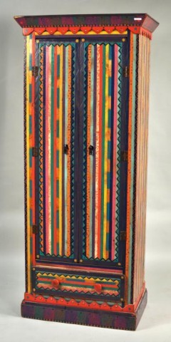 Tramp Art Candy Painted Folky Armoire: Wonderful and folky striped painted tramp art style one door armoire. 80" high, 34" wide, 20 1/2" deep
