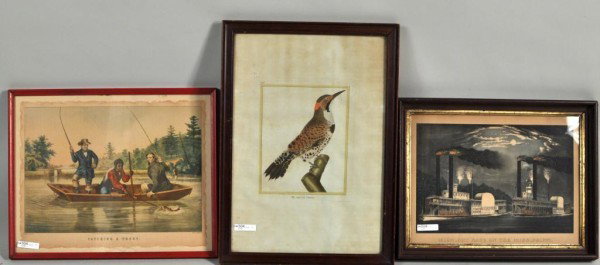 N. Currier "Catching a Trout" Print Plus Two: Group of three prints including Nathaniel Currier's "Catching a Trout," Currier and Ives "Midnight Race on the Mississippi," and a bird print. Largest: 19 1/2" high, 14 1/4" wide; smallest: 13 1/2" hi