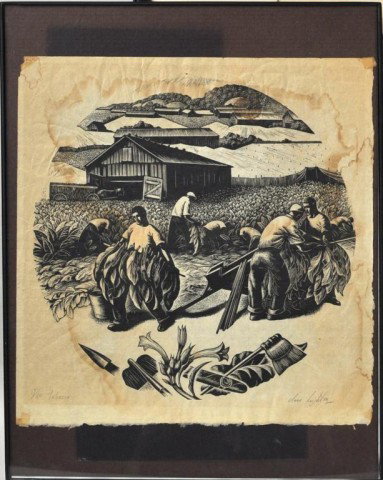 Clare Leighton, Woodblock "Tobacco" 1952 17/50: Clare Veronica Hope Leighton (Eng./Am. 1898 - 1989), framed original woodblock engraving of tobacco field workers, titled "Tobacco" and marked "17/50". Actual size 11" high, 10 1/2" wide. Foxing, wate