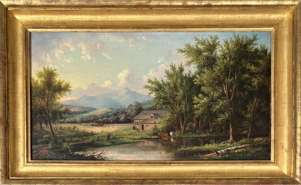 Scott, O/C "Conway Valley, NH 1869": John White Allen Scott (Am. 1815-1907), view of Conway Valley, New Hampshire, signed lower right. Frame size: 16 1/4" high, 26 3/8" wide; sight size: 12" high, 20" wide. Frame wear, crazing. Provenanc