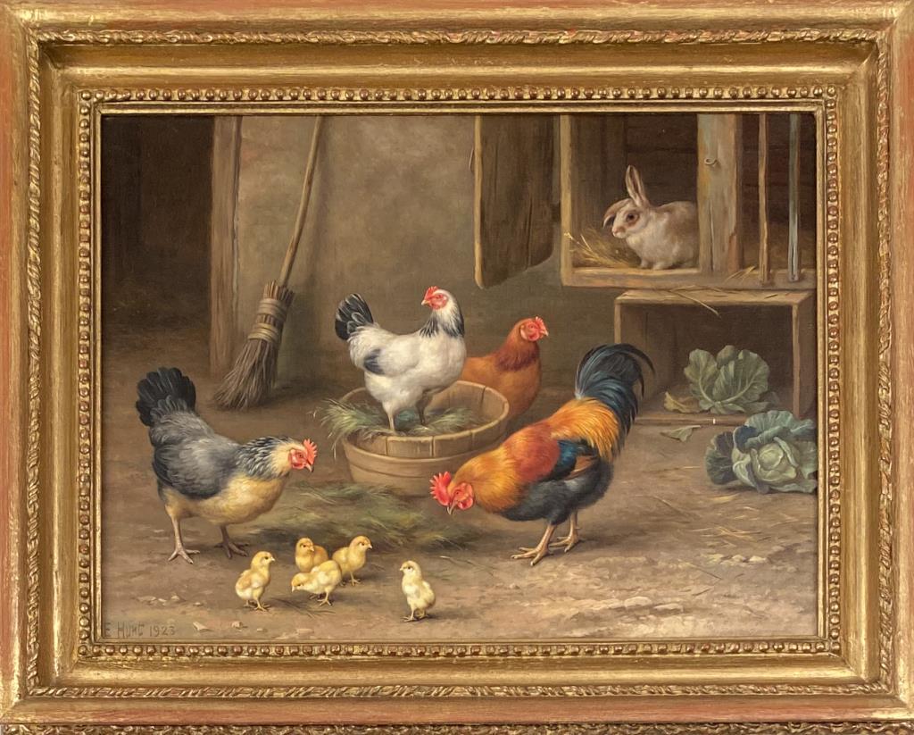 Hunt, O/C "Chickens & Rabbits in a Farmyard": Edgar Hunt, British (1876-1953) 1923 oil on canvas. Frame size: 14 1/2" high, 18 1/2" wide; sight size: 11" high, 15" wide. Signed and dated: "E. Hunt/1923". Stamped on verso: "Reeves & Sons, prepared