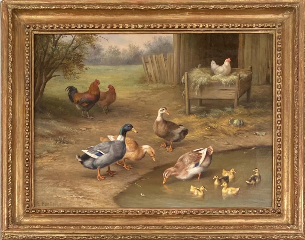 Hunt, O/C "Ducks and Hens by Farmyard Pond": Edgar Hunt, British (1876-1953) 1925 oil on canvas. Frame size: 14 5/8" high, 18 5/8" wide; sight size: 11" high, 14 3/4" wide. Signed and dated lower left "E. Hunt/1926", stamped on verso "Reeves & S