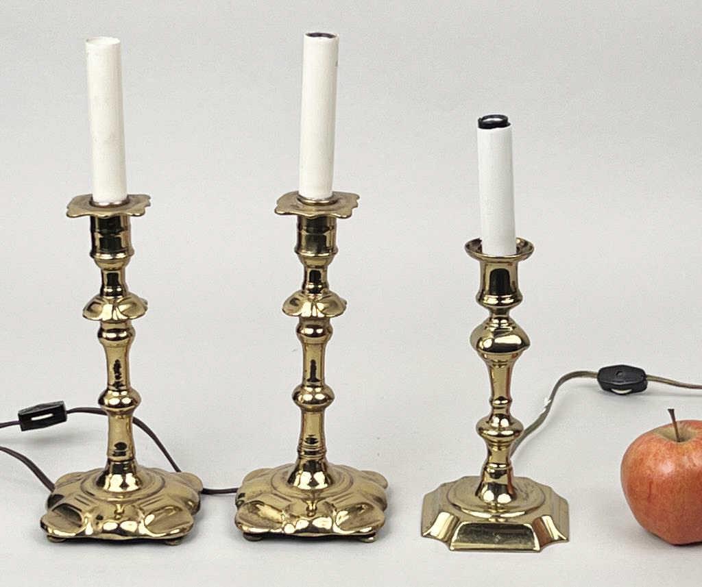 Pair Queen Anne Brass Candlesticks, Plus One (1 of 4)