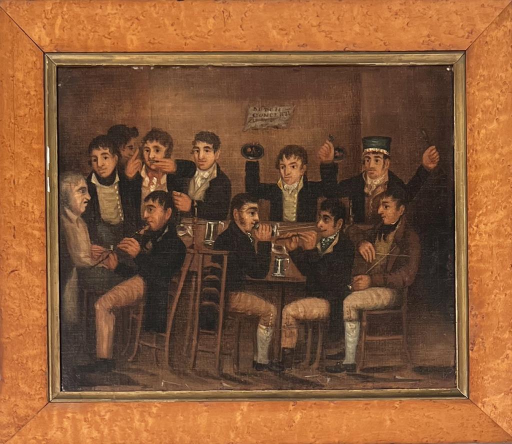 British/Dutch School, O/C "The Dutch Concert": somewhat humorous work depicting a group of musicians at practice, oil on canvas, circa 1830. Frame size: 15" high, 17 1/2" wide; sight size: 11 1/4" high, 13 1/4" wide. Frame rubs, scuffs. Provenance