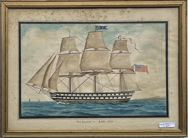 Am. School W/C/P Ship "San Augustin 1852": framed watercolor of clipper ship San Augustin, dated 1852. Frame size: 15 1/2" high, 20 3/4" wide; sight size: 11" high, 16 1/2" wide. Considerable foxing. Not examined out of frame. Provenance: Jero
