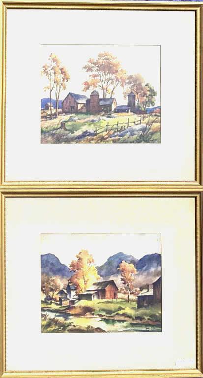 John Hare, Two Watercolor Barnscapes: John Cuthbert Hare (Mass.,1908-1978). Larger frame size: 18" high, 20" wide. Frame wear, soiling to mat. Not examined out of frame.