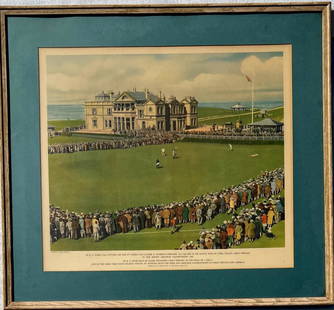 Quinn, Chromolithograph "R.T. Jones/St. Andrews": H.O. Quinn, Publisher. "Mr. R.T. Jones, USA. Putting on the 18th Green, Old Course, St. Andrews, Fifeshire, all square in his match with Mr. Lyril Trolley, Great Britain." Frame size: 27 1/2" high, 30