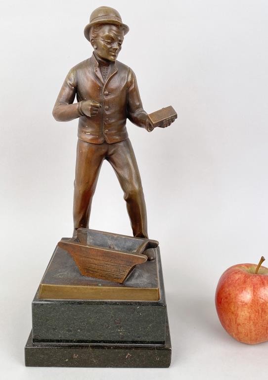 Signed Bronze Sculpture Of Gentleman: signed "Rof. Poertzel" likely Otto Poertzel with foundry mark partially legible. 13" high, 5 1/4" wide, 5 1/4" deep. Oxidation, light chipping at base, missing an element at hand.
