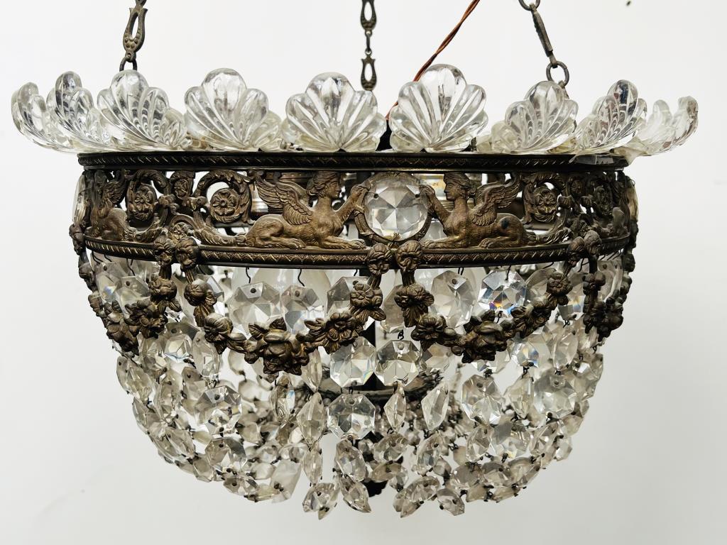 Antique French Paste Crystal/Bronze Chandelier: approximately 33" high, 19 1/2" diameter, without chain 12" high. Oxidation, missing crystals, needs re-wiring.