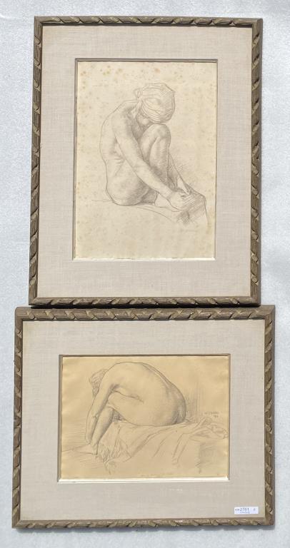 Strang, Two Framed Drawings Of Nudes: William Strang (Br. Scottish, 1859-1921) "Study for Etching" and "The Studio" dated 1911; one signed. Larger: 21 3/4" high, 17 1/4" wide. Toning, spotting, larger with foxing. Not examined out of fram
