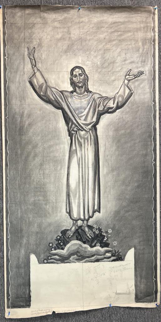 Savage, Cartoon for Mosaic of Christ, Honolulu: Eugene Francis Savage (Am. 1883-1978), charcoal and chalk on paper, unsigned and undated. 68" high, 36" wide. Some tears, extensive penciled notes.
