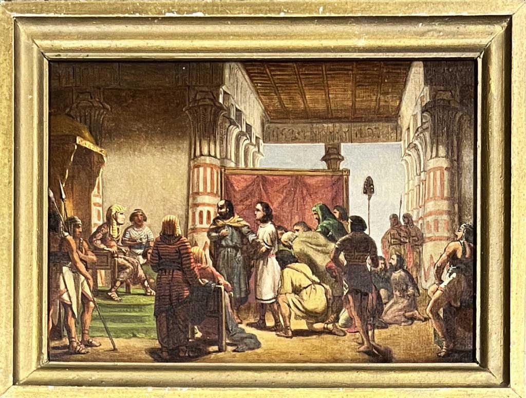 Carlin, O/C Egyptian Interior, Jacob & Brothers: John Carlin (Am. 1813-1891). Frame size 11 7/8" high, 15 1/2" wide. Signed front and back, but incorrectly titled verso because after painting this work, Carlin stretched another canvas over it and pa